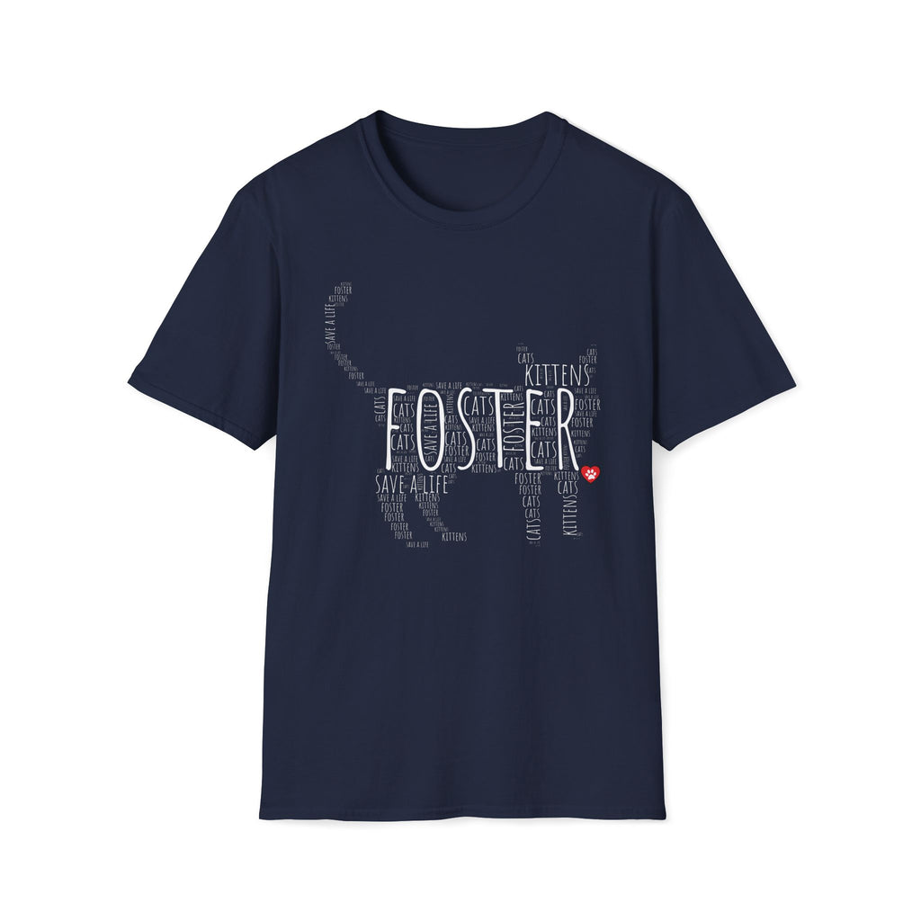 navy Foster Kitten Word Cloud shirt. Animal rescue tee celebrating foster cats, kittens, and saving tiny lives.