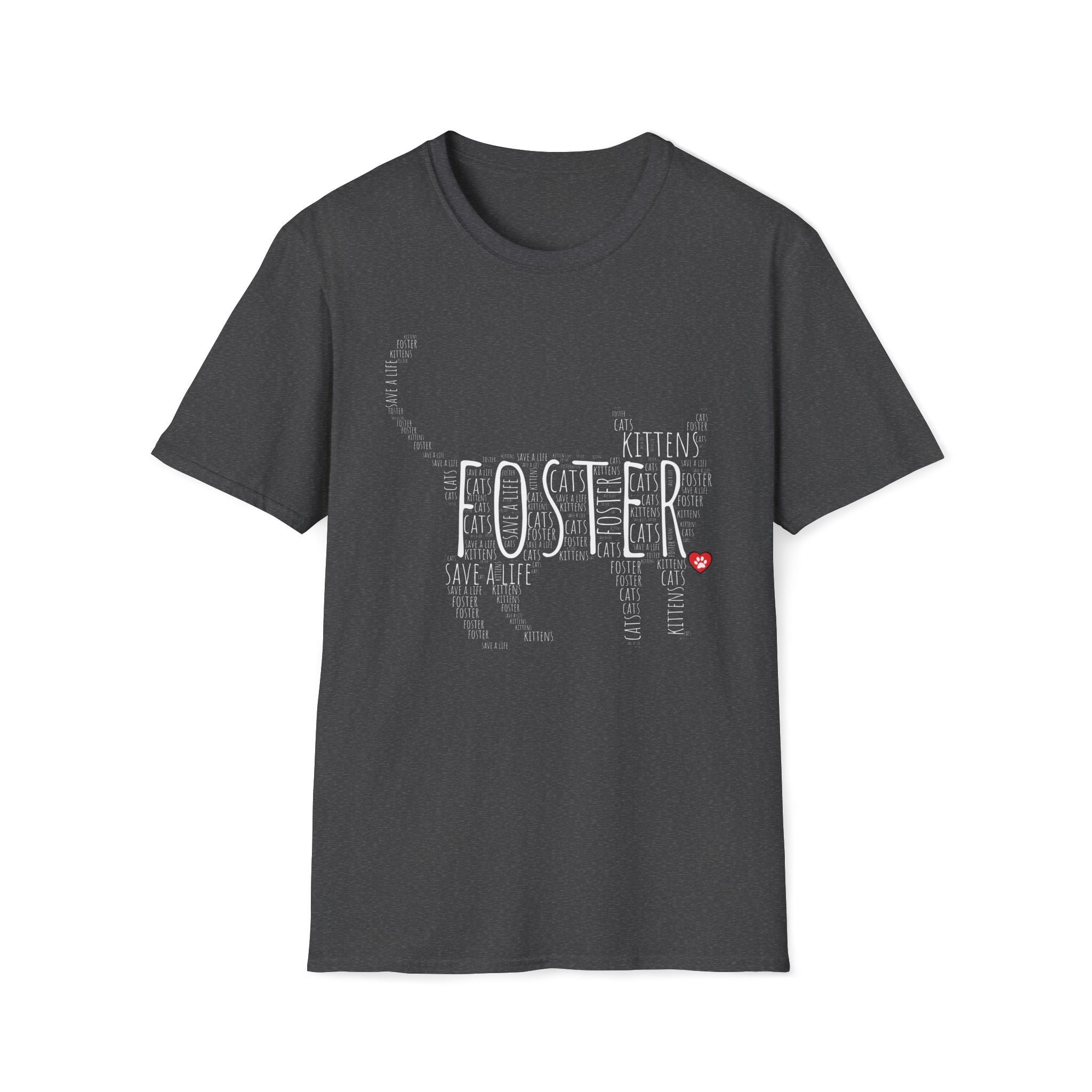 gray Foster Kitten Word Cloud shirt. Animal rescue tee celebrating foster cats, kittens, and saving tiny lives.